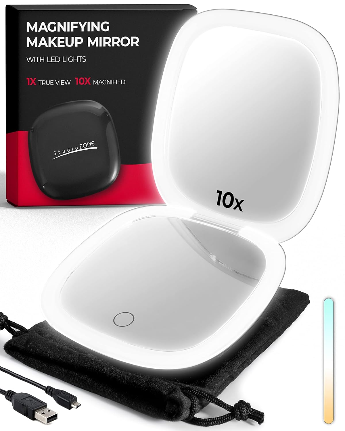 Compact Mirror with Light, 10X Magnifying, USB Rechargeable with 3 Color LED M229