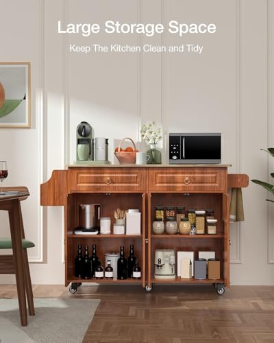 Brown Kitchen Island with Drop Leaf Storage on Wheels U33727