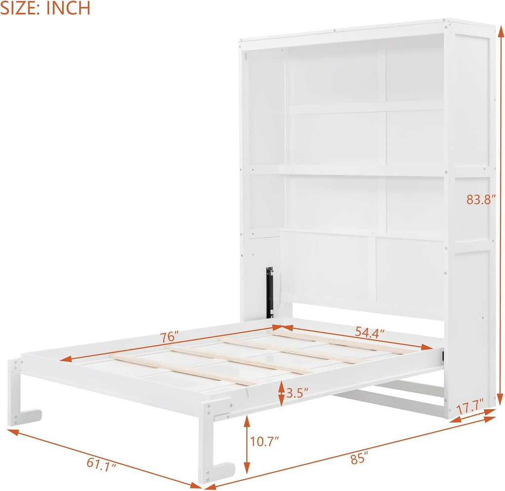 White Full Size Murphy Frame with Cabinet Drawers and Storage Shelves O3218
