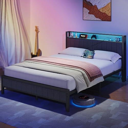 Gray Queen Size Metal Platform Bed Frame with Storage Headboard J362