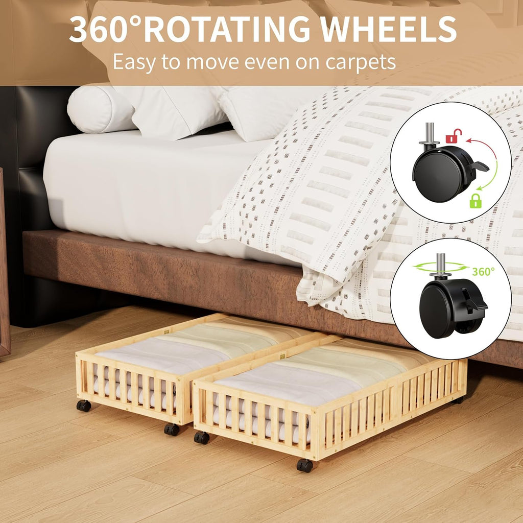 Bamboo Under Bed Storage with Wheels (2-Pack) Rolling Shoe Organizer Box S3944