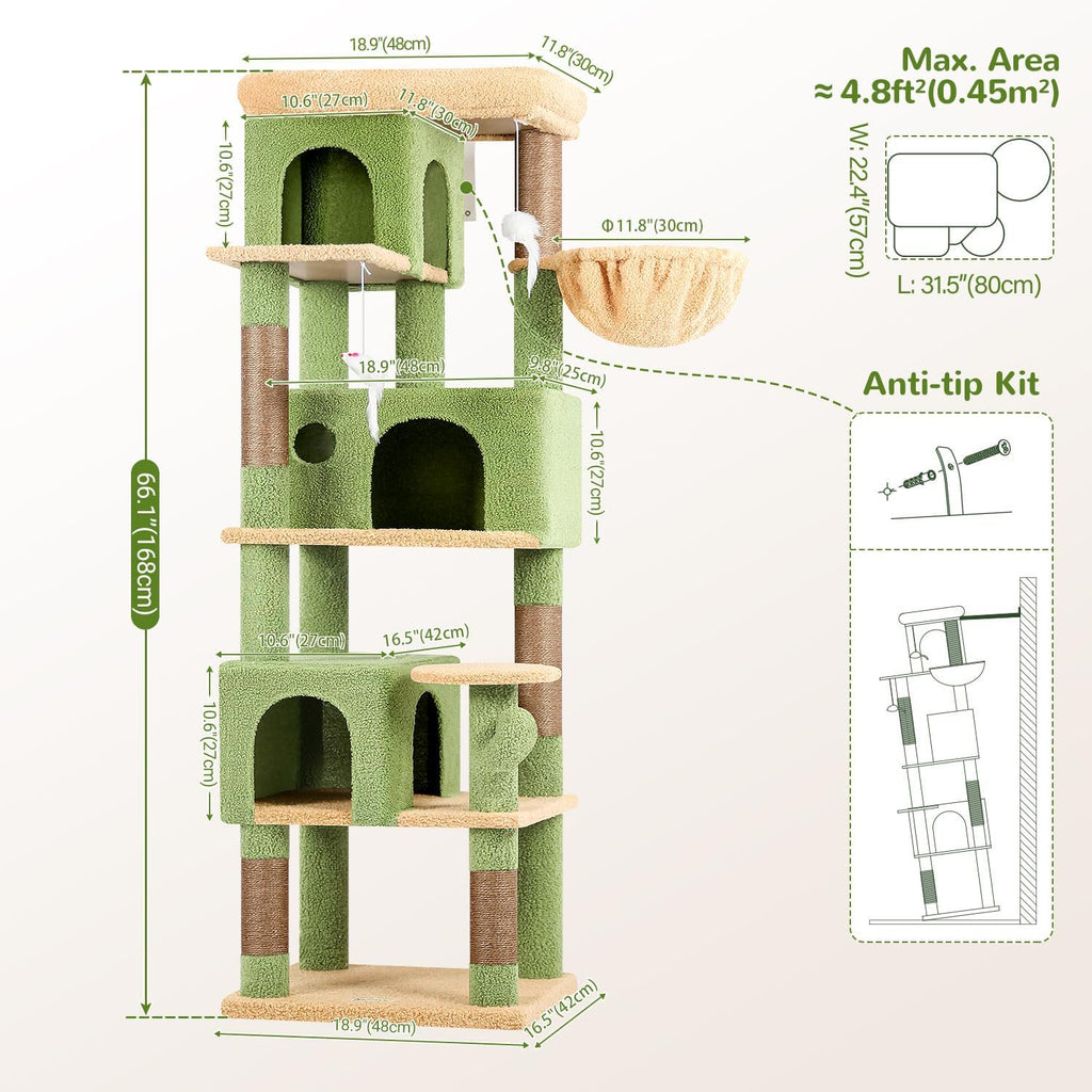 66 inch Multi-Level Cactus Climbing Tower Kitty Condo with Large Platform, 3 Caves A624573