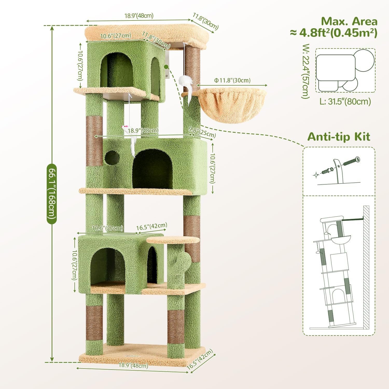 66 inch Multi-Level Cactus Climbing Tower Kitty Condo with Large Platform, 3 Caves A624573