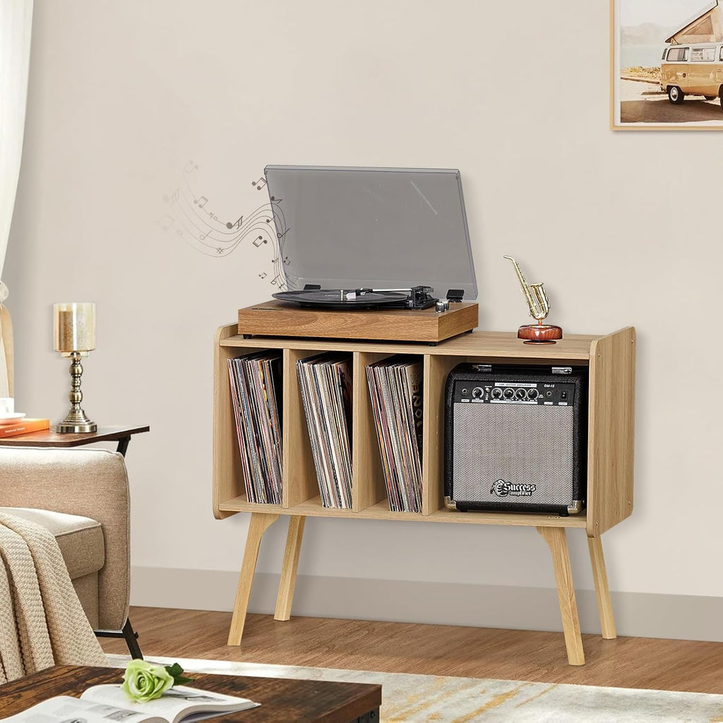 Record Player Stand with 4 Cabinet, Beech Wood Legs, Natural Vinyl Holder Storage Shelf I607278