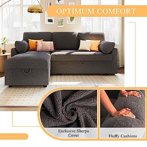 Beige Chenille Sleeper Sofa with Storage Chaise O406487