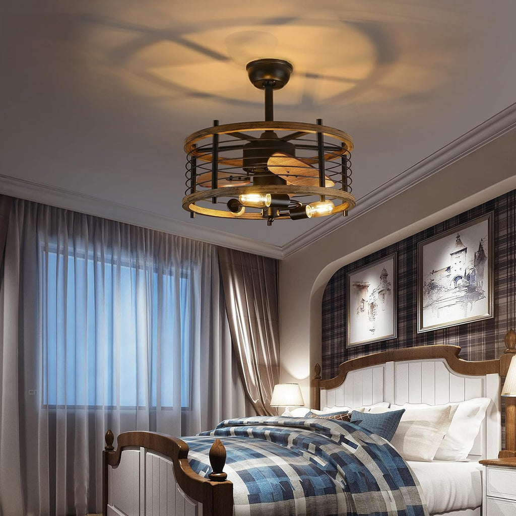 20-inch Industrial Caged Ceiling Fan with Lights Remote Control Y639