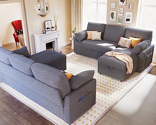 Beige Chenille Sleeper Sofa with Storage Chaise O406487