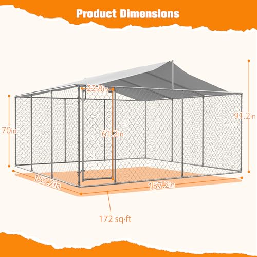 Large Outdoor Galvanized Steel Dog Kennel with Cover, 90" L x 90" W x 65" H O569