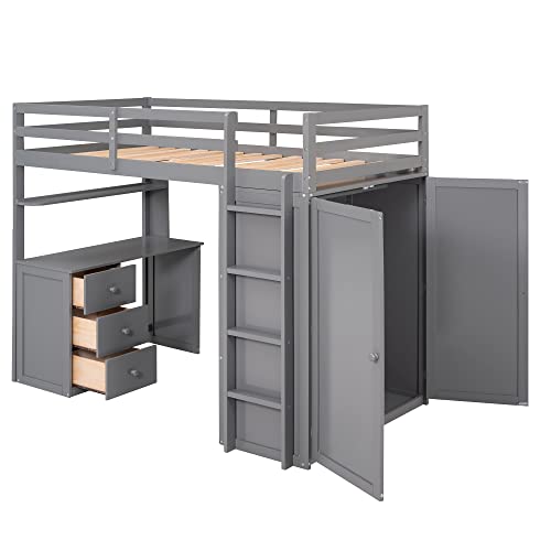 Full Size Solid Wood Loft Bed with Desk and Wardrobe S609