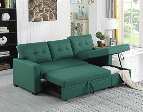 L-Shape Green Linen Sofa with Storage Chaise and Pull-Out Bed P660491